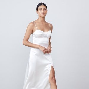 White satin bodice bustier dress with slit willow